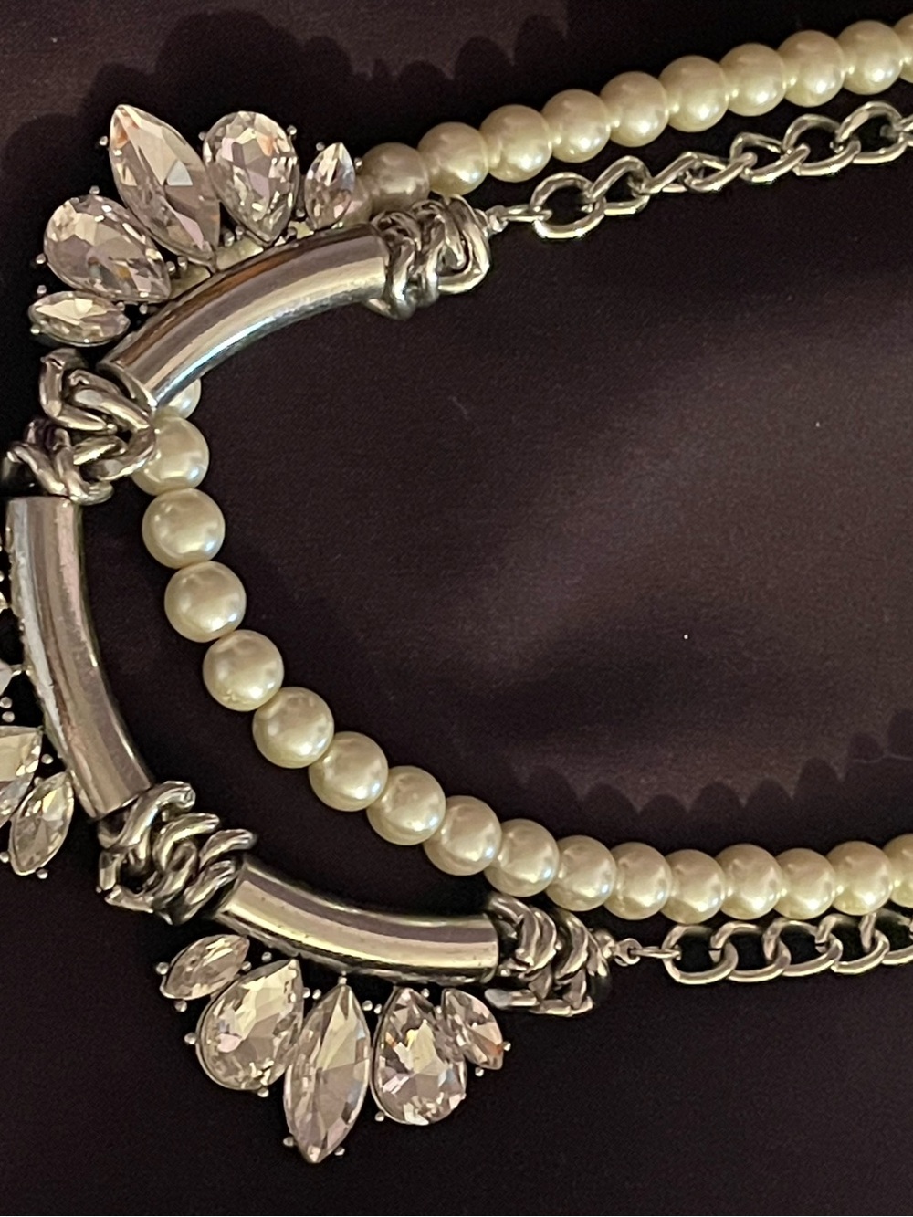 Pearl & Crystal Statement Necklace - Silver Tone